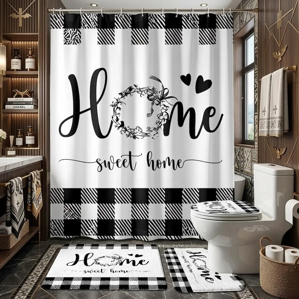 4pcs Black White Buffalo Check Home Sweet Home Wreath Heart Shower Curtain Set, Country Farmhouse Script Letter Bath Mat Toilet Seat Cover Combo, The floor mat fabric is thicker and softer! Warm Thanksgiving Cozy Family Bathroom Decor Kit
