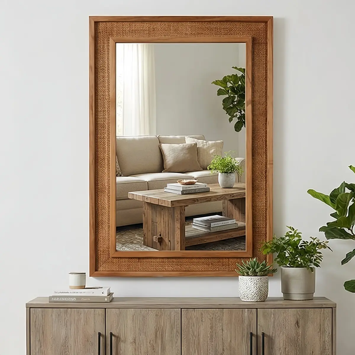 Solid Wood Rattan-Wrapped Wall Mirror with HD Tempered Undistorted Glass, Elegant Decorative Farmhouse Minimalist Mirror for Bathroom & Bedroom, Easy Installation with Float Effect & Sharp Reflection (Vertical/Horizontal Mount)