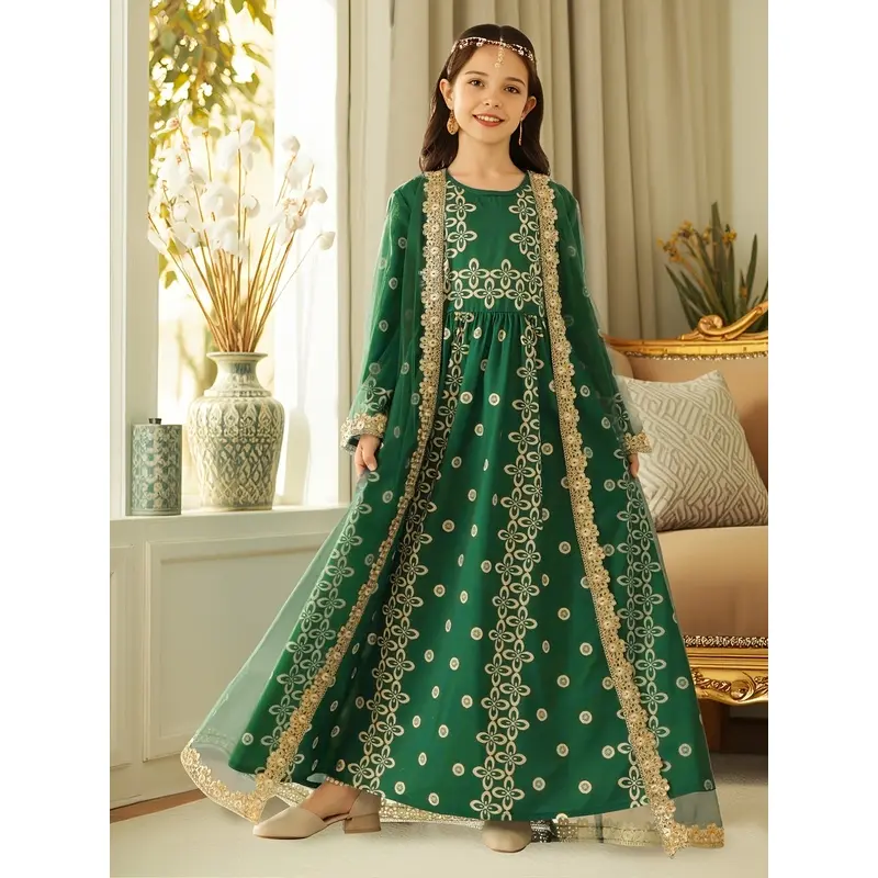 [Exclusive Design] 2-Piece Set for Girls: Trendy Spring-Autumn Ramadan Outfit. Includes a long-sleeved, round-neck, long dress with vintage court-style print for older girls + a long-sleeved, cardigan-style outer layer. Elegant and casual outdoor clothing
