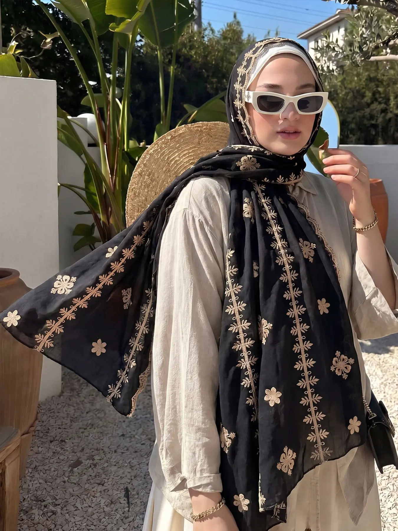 Elegant Floral Embroidered Long Scarf, Women's Summer Hijab, Breathable Lightweight, UV Protection, Versatile Fashion Accessory, For Muslim