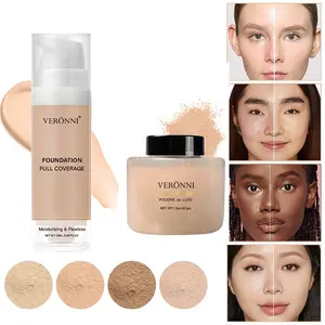 Foundation Liquid and Loose Powder Makeup Set, 15ML Foundation with Banana Loose Powder, Natural Finish, Flawless, Lightweight, Suitable for All Skin Types