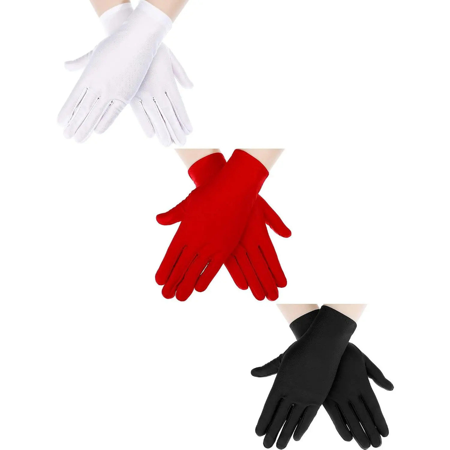 3 Pairs Satin Spandex Formal Gloves for 1920s Men Women, Ideal for Tuxedo Guard Parade Opera Dress Costume, Available in Black White Red