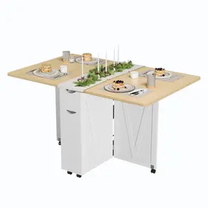 Folding Kitchen Table with 6 Wheels - Dining Table with Drawer and Storage, Compact Dining Table for Small Spaces