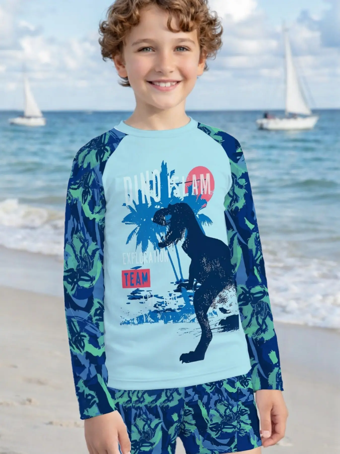 Light Blue Dinosaur Island Coconut Tree Long Sleeve Sun Protection Swimsuit Set, Jurassic Dinosaur Style Boys' Quick-Dry Beach