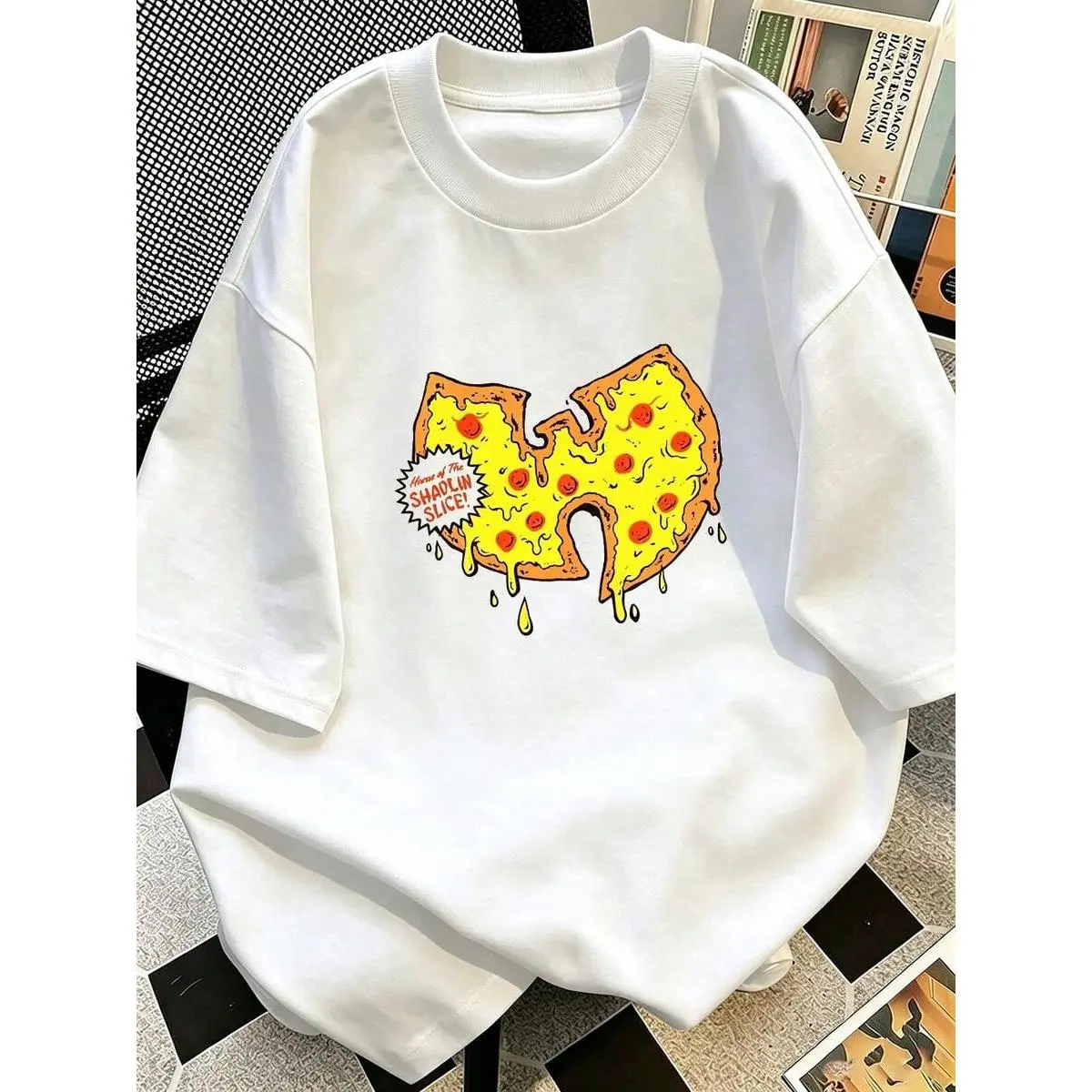 [Wu-Tangs Takeout Box Graphic]  Chinese Food Fortune Cookie Print, Unisex Short Sleeve T-Shirt, Hip Hop Streetwear, Casual Daily Top For Hip Hop Fans