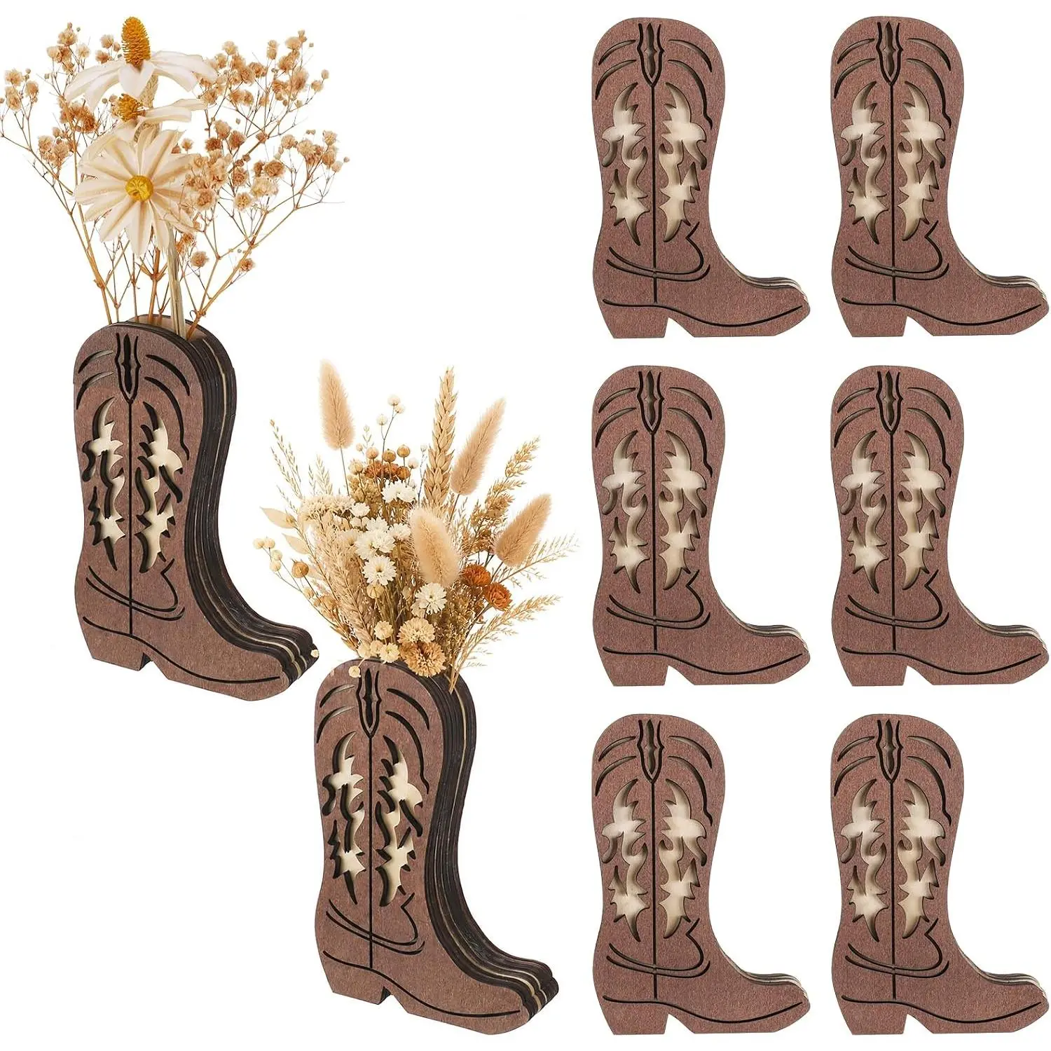 8Pack Wooden Cowboy Boot Vase 3D Hollow Carving, Western Country Boot Table Centerpiece Room Decor, Rustic Farmhouse Boho Style Fake Flower Vases for Baby Shower Wedding Dinner Party Home Decorations