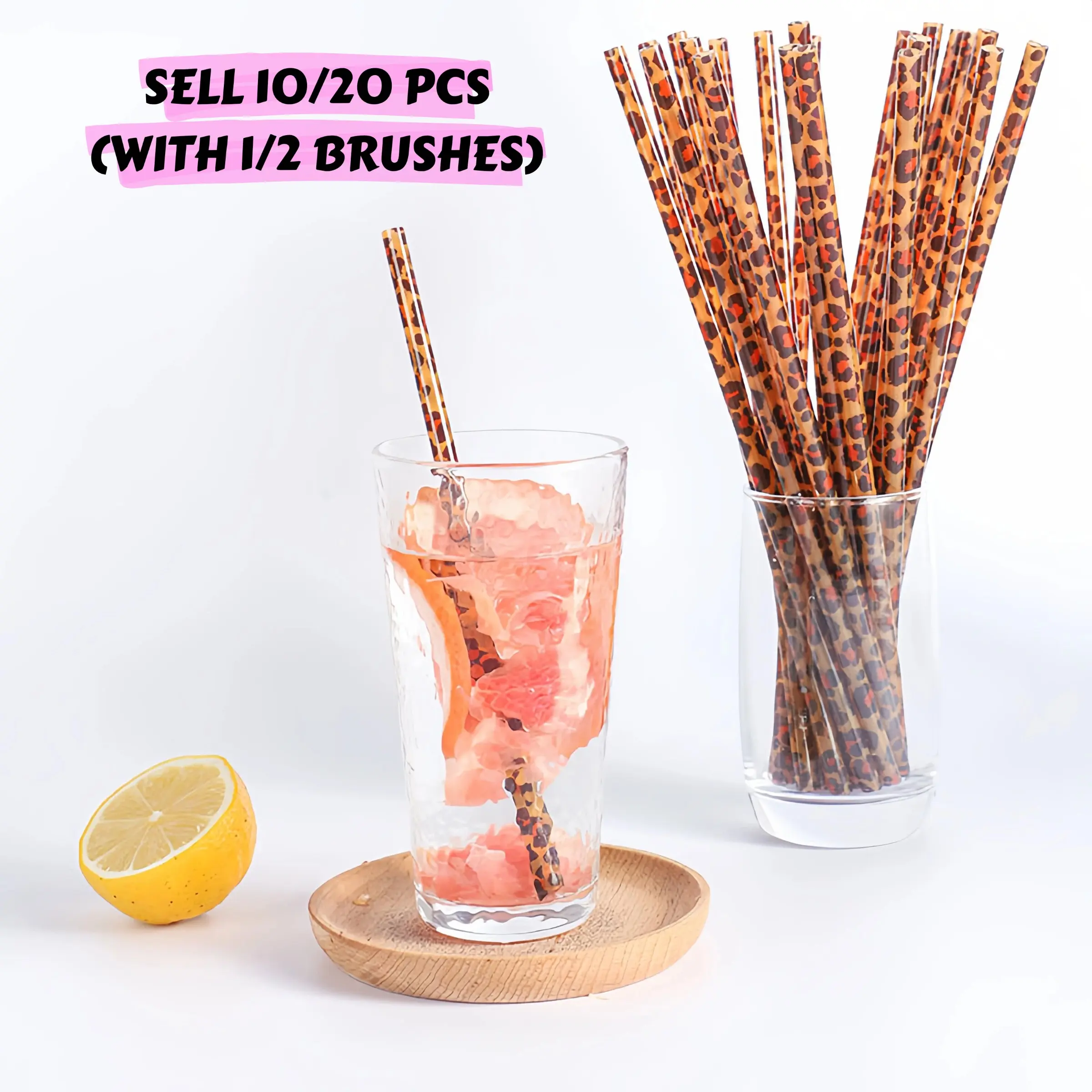 10/20PCS(with 1/2 brushes) Reusable Leopard Print PP Drinking Straws Set, 9 Inch Straws with Cleaning Brush, Durable Easy to Clean Smooth Edge Straws for Iced Coffee Juice Smoothies Party Home Daily Use, Home Bar Accessories