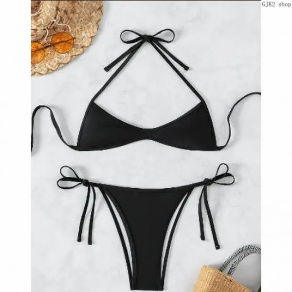 Women's 2-Piece Solid-Color & Colorblock String Bikini Set - Halter Tie-Back Top, Tie-Side High-Cut Bottom, Stretch Triangle Female Swim Beachwear with Figure-Hug Fit for Summer Vacation