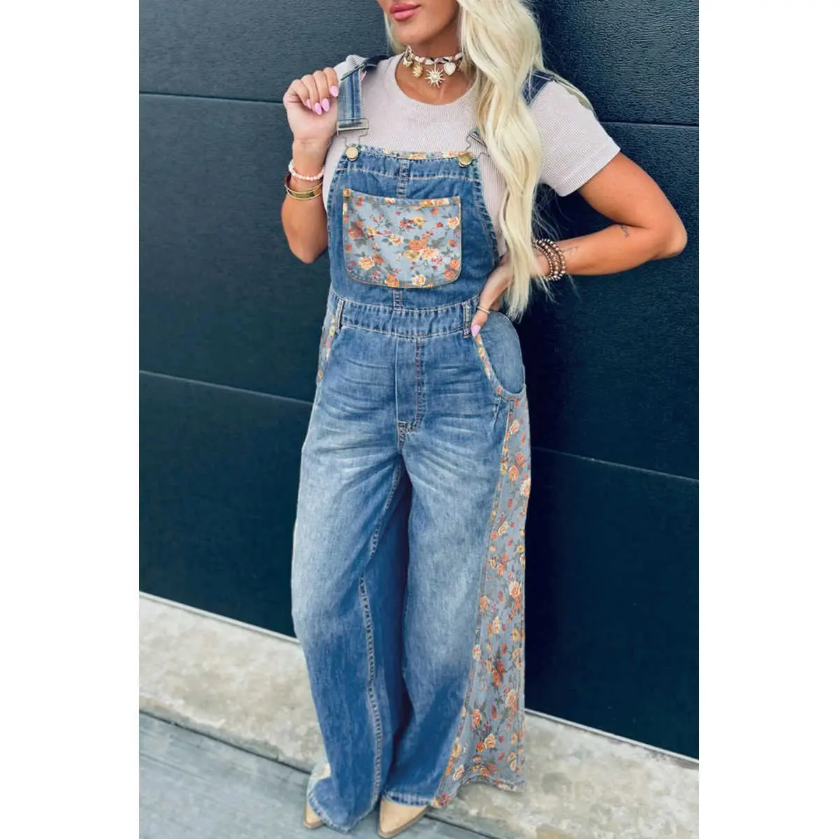 Women's 2026 Floral Patchwork Denim Bib Overalls, Wide Leg Loose Fit Jean Jumpsuit with Adjustable Straps and Pockets, Washed Casual Sleeveless Overall Pants for Daily Wear, Travel, Outdoor and Y2K Style #Summervibes #SummerWins