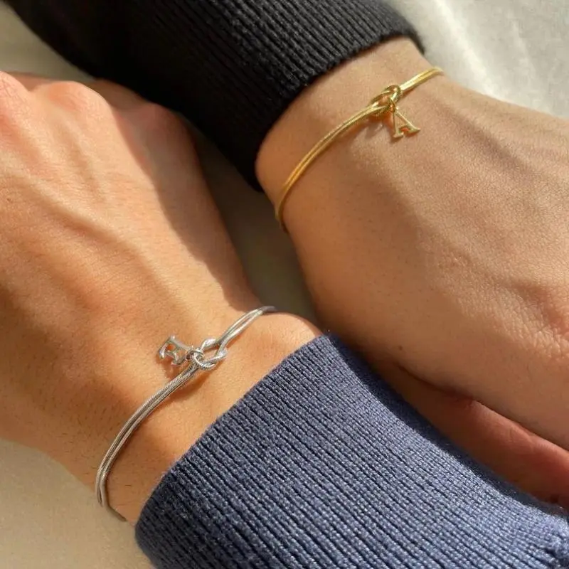 Dainty Personalized Initial Love Knot Bracelet Set for Couples - Handcrafted Snake Chain with Infinity Knot and Alphabet Charm, Meaningful Interlocking Wrist Jewelry, Perfect for Christmas Gift, Anniversary Celebration & Daily Wear