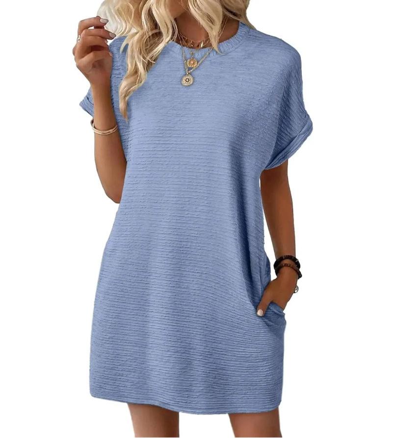 2026 Summer New Loose Crew Neck Pocket Solid Color Short Sleeve Dress for Women Casual Daily Wear Mini Dress