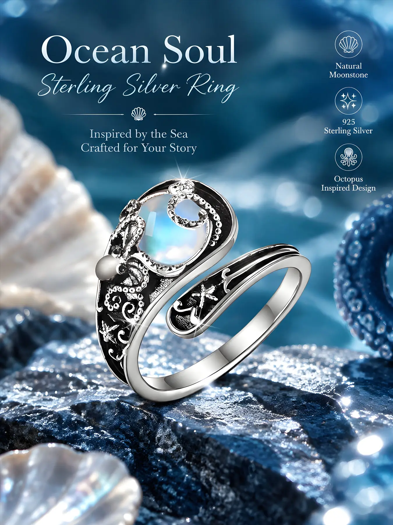 Women's Vintage S925 Sterling Silver Moonstone Spoon Ring, Adjustable Open Ring, Party Gift, Unique Hypoallergenic Ring for Daily Wear, Statement Ring, Boho Style Rings, Jewelry Ring