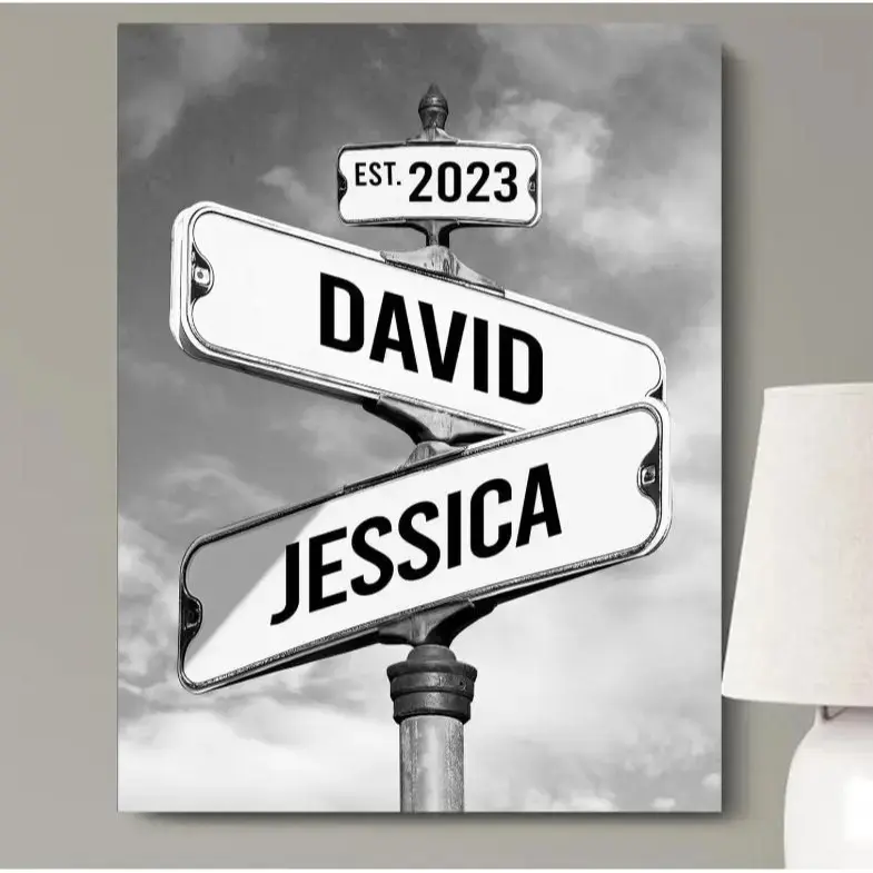 Personalized Vintage Street Sign Canvas for Couples Custom Name Date Crossroad Wall Art Wedding Anniversary Valentine’s Day Christmas Custom Poster Glossy Hand Stretched Ornaments Room Decoration