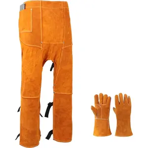 Leather Welding Chaps Pants with Gloves Heavy Duty Heat Resistant Leg Protection with Pocket Adjustable