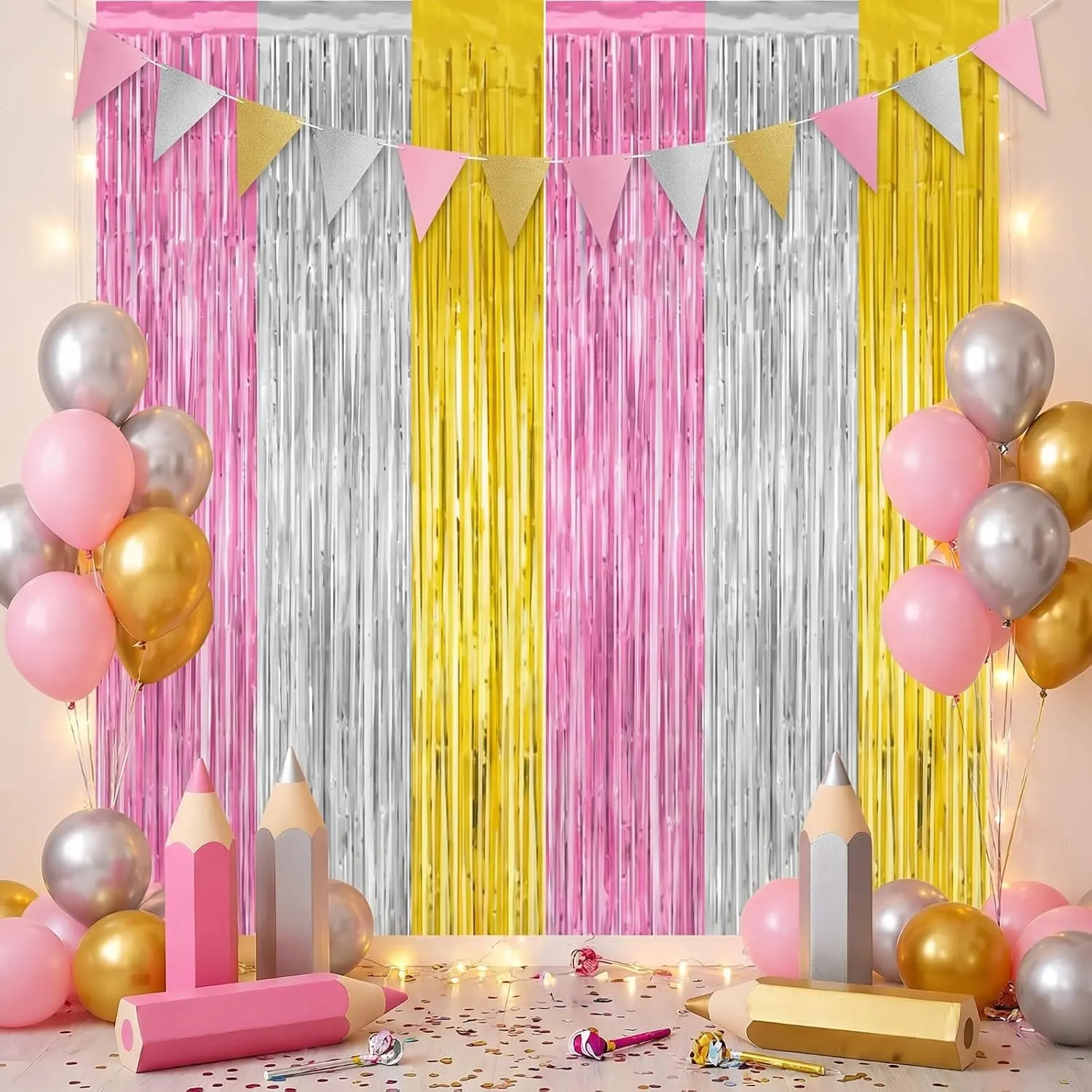 2 count Pencil Theme Foil Fringe Backdrop  School Decorations 9.8 x 6.6 ft Classroom Fringe Curtains Pencil Tinsel Backdrop for  of School   Primary