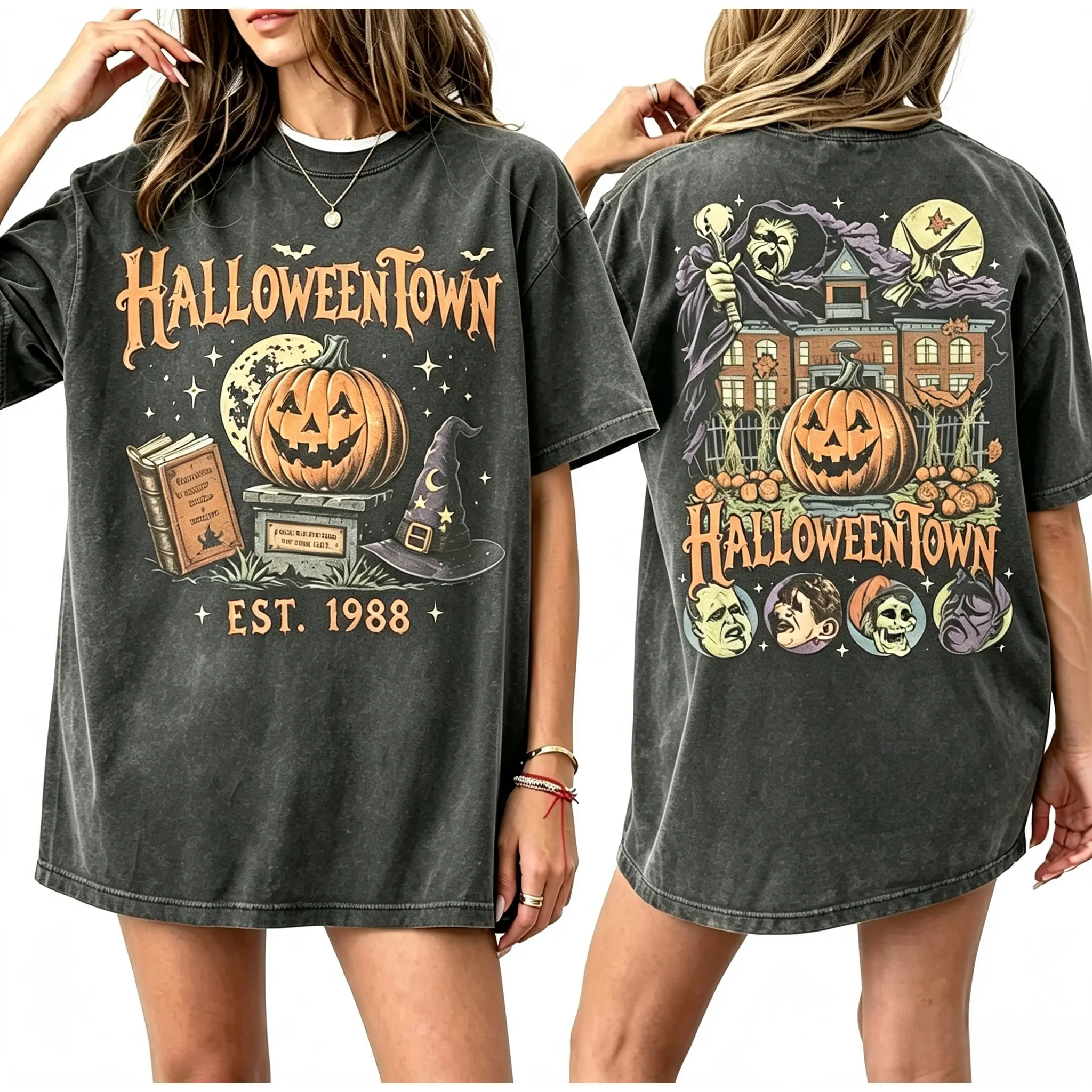 Vintage  Pumpkin Witch Spooky Halloween Double-sided Washed T-shirt, Retro Halloween Tee, Spooky Season T-shirt, 90s Halloween Shirt