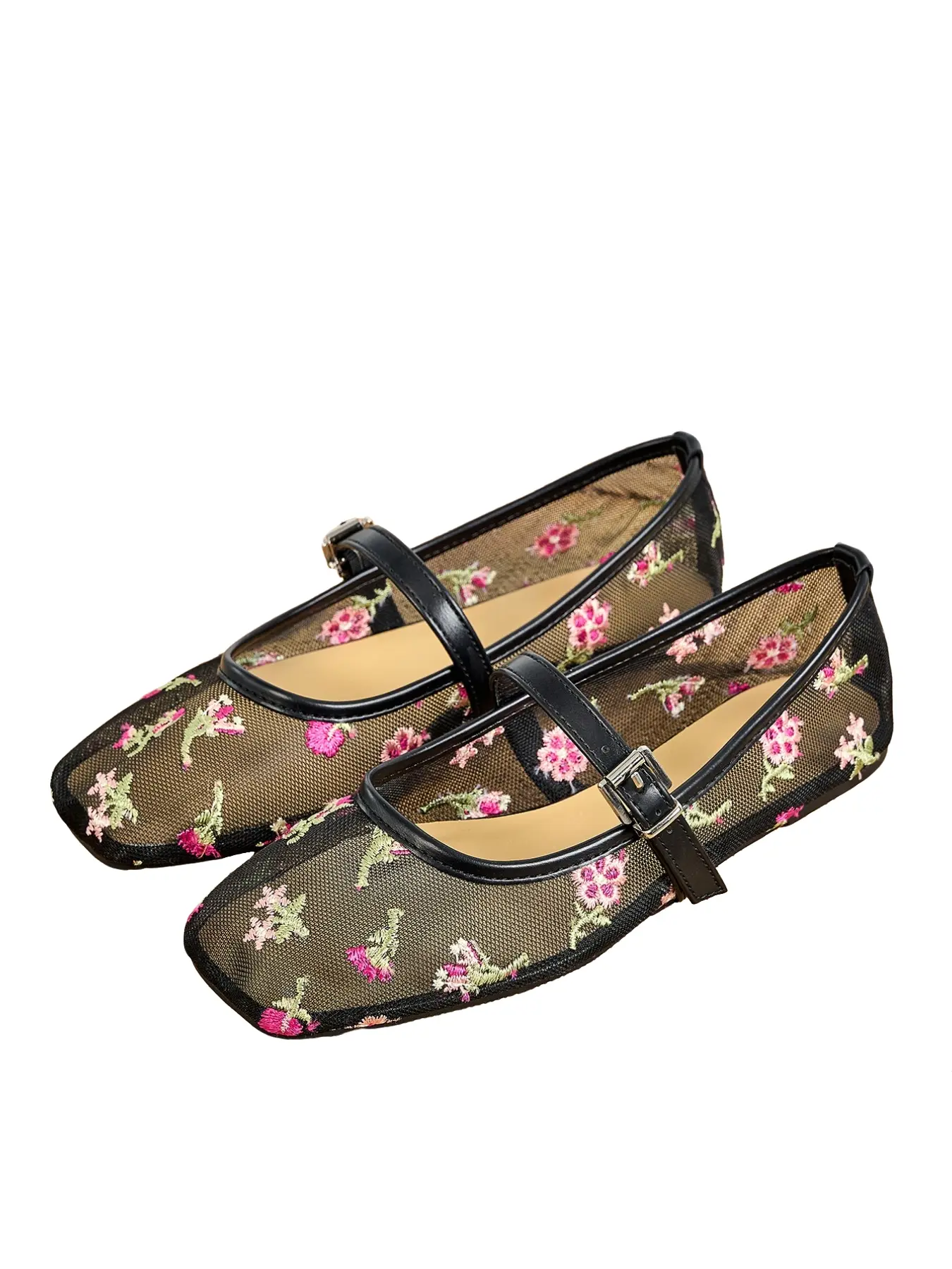 Mary Jane Mesh Low Top Embroidered Summer Flat Shoes Women, Breathable Textile Upper, Square Toe, Elegant Style, All Seasons, Breathable Flats