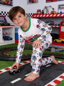 boys 2-piece set with flame monster truck print, long sleeve top and pants sleepwear for autumn, cozy home pajamas for kids