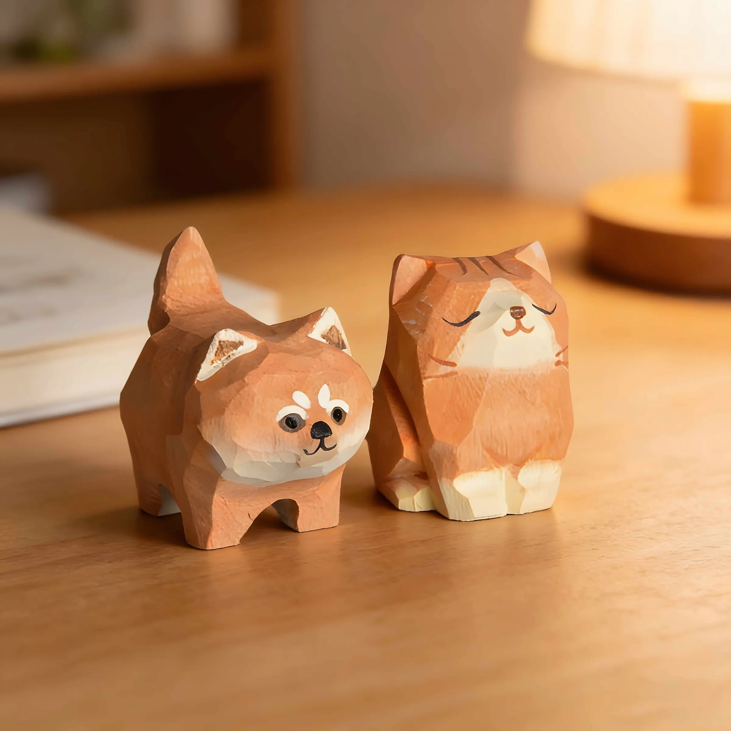 Cute Handmade Wood Carving Shiba Inu and Cat Figurine, Mini Animal Desk Decor, Natural Solid Wood, Smooth Finish, Pet Lover Gift