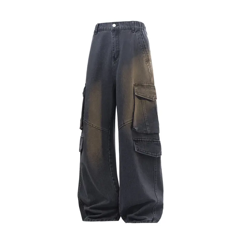 Men’s Vintage Faded Wash Plain Denim Recycled Blend Cargo Jeans, Multi-Flap Side Pockets, Stitched Panel Workwear Trousers for Spring, Autumn Trendy Street Outfits