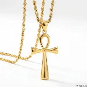 Waterproof Hypoallergenic Stainless Steel Minimalist Ankh Symbol Pendant Necklace Slim Smooth Polished Link Chain Unisex Design For Men Women Spiritual Daily Stackable Delicate Clavicle Jewelry