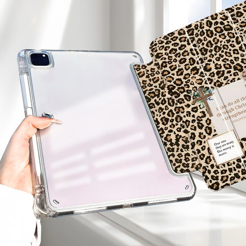 Leopard Print Acts 4:13 Christian Scripture Pattern, with adjustable stand and pen slot, foldable non-slip TPU protective case, suitable for Samsung, iPad mini, iPad Air, iPad Pro/iPad 10th generation, 11th generation and other iPad series protective case