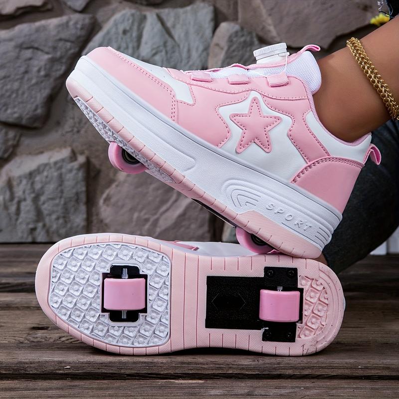 [shipping from US][shipping from US]Girls' Dual Wheel Removable Roller Skate Shoes, Low Top with Rotary Buckle Closure, PU Upper & Fabric Insole, Casual Sports Style for Roller Skating, All-Season Solid Color Sneakers for Children Under 12