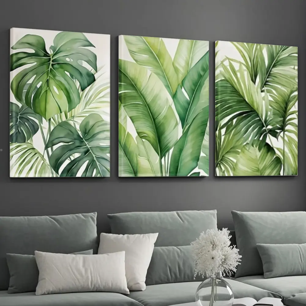 Modern Nordic Style, Canvas Wall Art Set, Tropical Monstera And Palm Leaves Print, High Definition Giclee Printing On Premium Cotton Canvas, Living Room Sofa Background Decoration, 3 Piece Panel Set