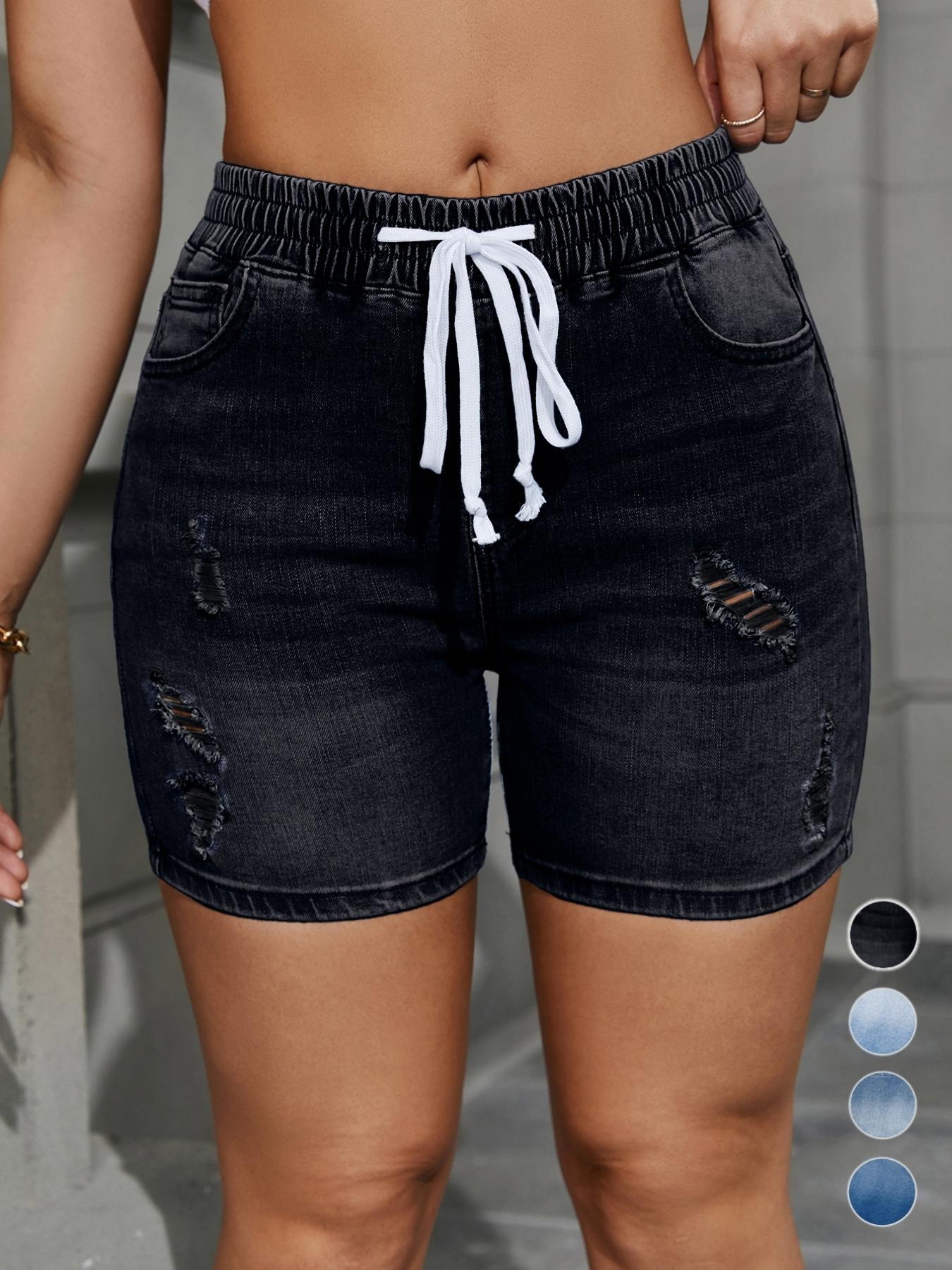 Women's Ripped Drawstring Waist Denim Shorts, High Waisted Stretchy Jean Shorts, Casual Fashion Pocket Jeans Shorts for Daily Everyday Wear, Summer Outfits 2024, Summer Clothes, Lady Summer Bottoms, Womenswear, Basic