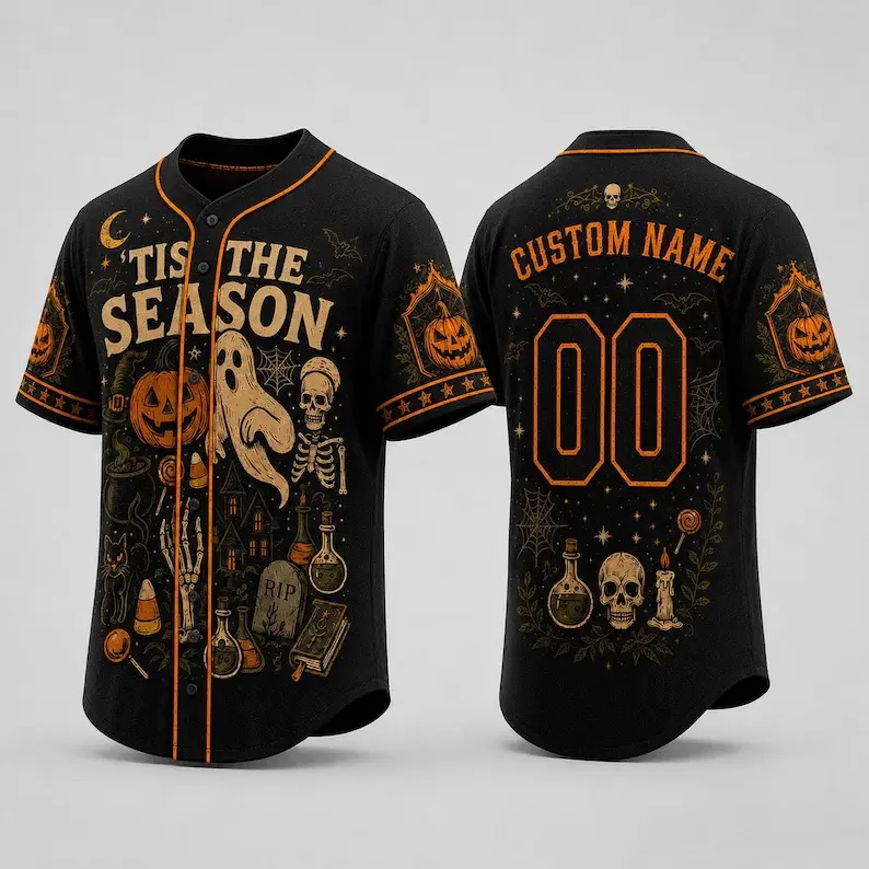 Dark Base Halloween Witchy Skeleton Ghost Short Sleeve Baseball Jersey, Tis The Season Retro Holiday Casual Streetwear Gift # TikTokMadeMeBuyIt # SpookyBaseballJersey # VintageHalloweenArtPrint # RetroGothFashion # PartyWearEssential # FunEdgyTop