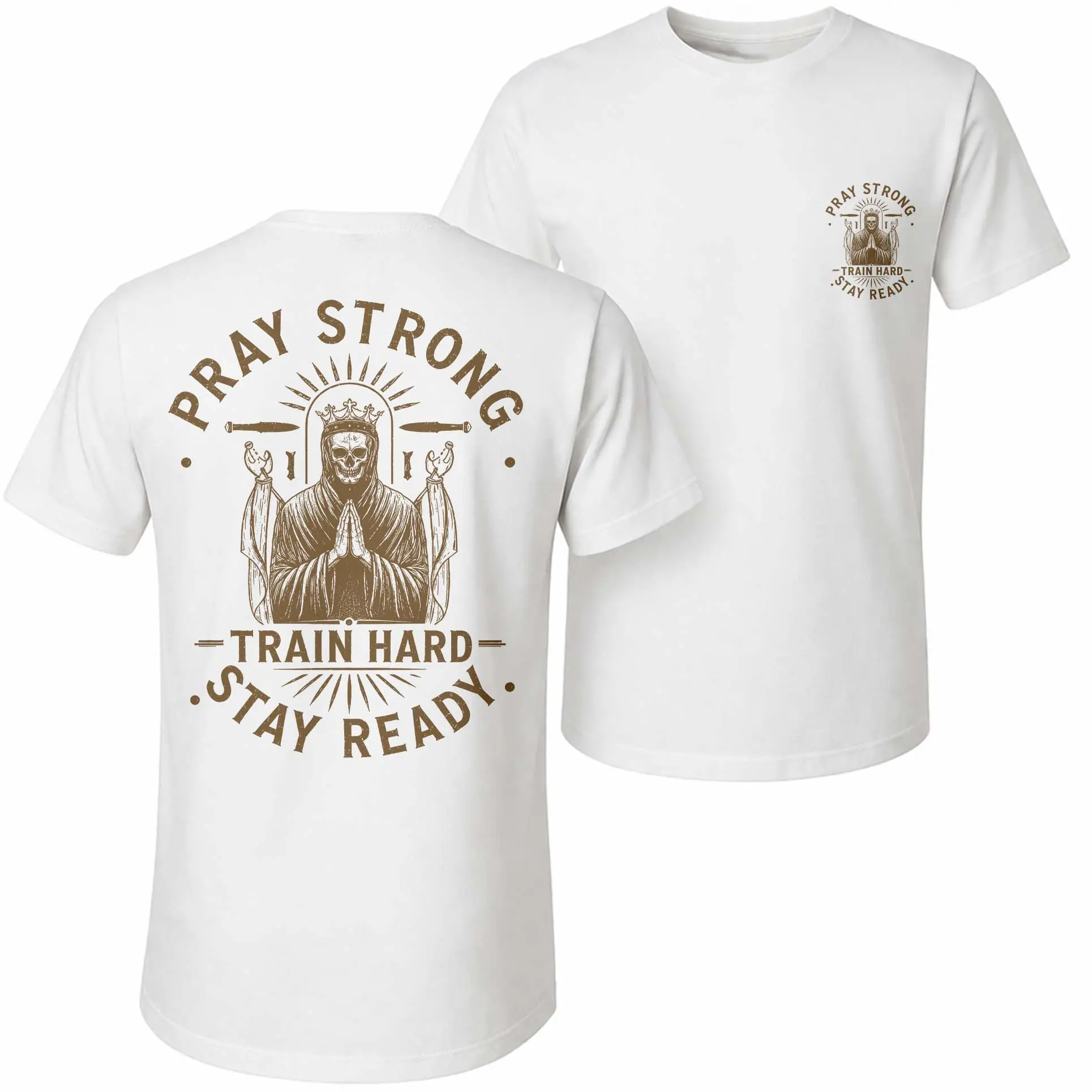 Men’s 100% Cotton Pray Strong Train Hard Stay Ready. Print T-Shirt, Casual Short Sleeve Crew Neck Sports Style Tee, Soft Breathable Streetwear Top for Daily Wear, Travel, Outdoor Activities and Summer Casual Fashion