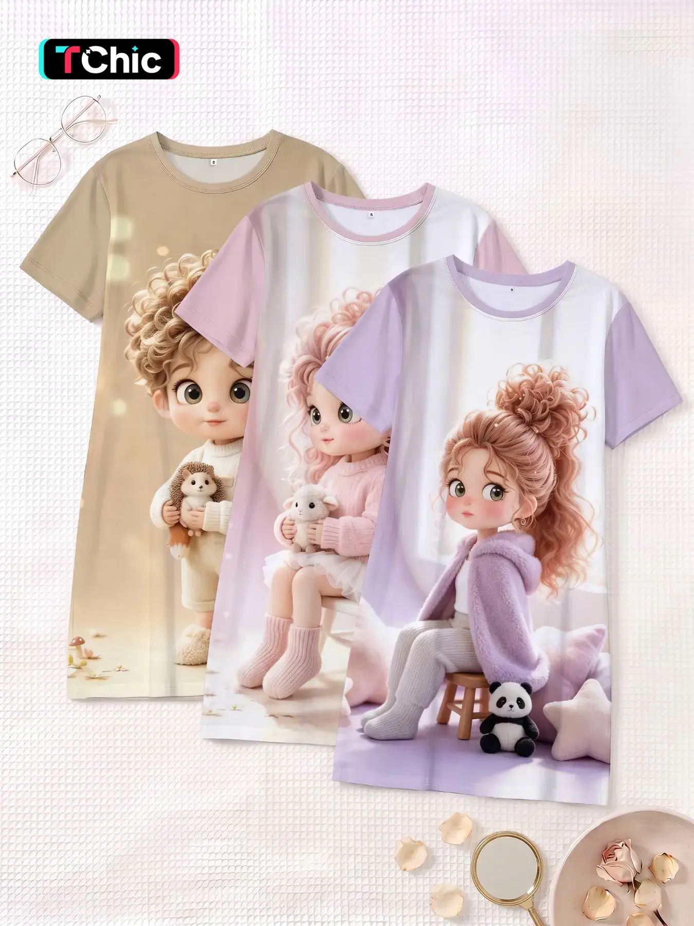 3-Pack Cute Cartoon Girl Print Nightdresses, Round Neck Short Sleeve, Breathable Slim-Fit Sleepwear for Spring Summer