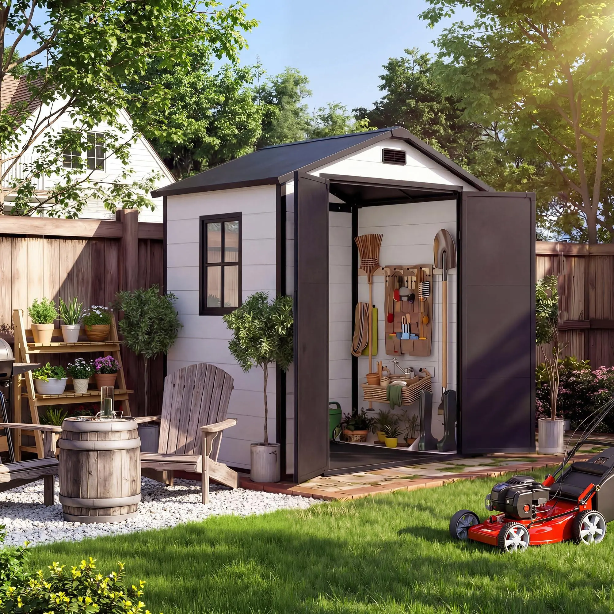 6x4 FT Plastic Outdoor Storage Shed – Waterproof, Floor, Lockable Door, Window & Sloped Roof – Easy Assembly for Patio, Backyard, Tools, Bike, Lawn Mower