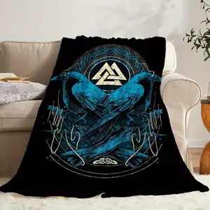 1pc Vintage Viking Raven Design Flannel Blanket - Soft Polyester, All-Season Multi-Use Throw for Camping, Travel, Sofa, and Gifts, Black with Blue & Golden Accents, Cozy Home Decor, Rv Essentials |   Contemporary Style |   Durable
