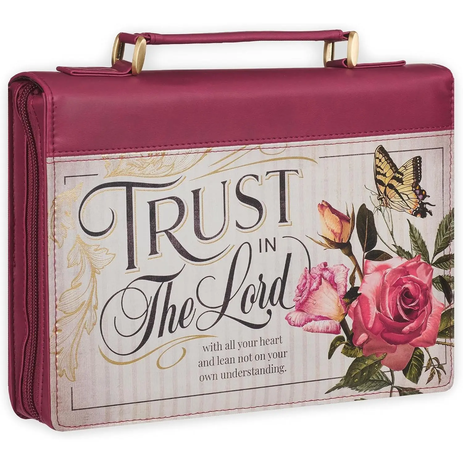 Women's Maroon Red Floral Vegan Leather Book Carry Case Bag, Prov. 3:5 "Trust in the Lord" Inspirational Scripture Cover, Medium Size Home Organizer Storage Bag with Stationery Storage