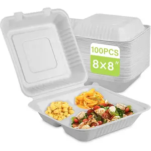 Compostable Take Out Food Container 8X8, 100 Pack 3 Compartment Clamshell Disposable To Go Food Boxes, Biodegradable Containers Made of White Sugar Cane Fibers