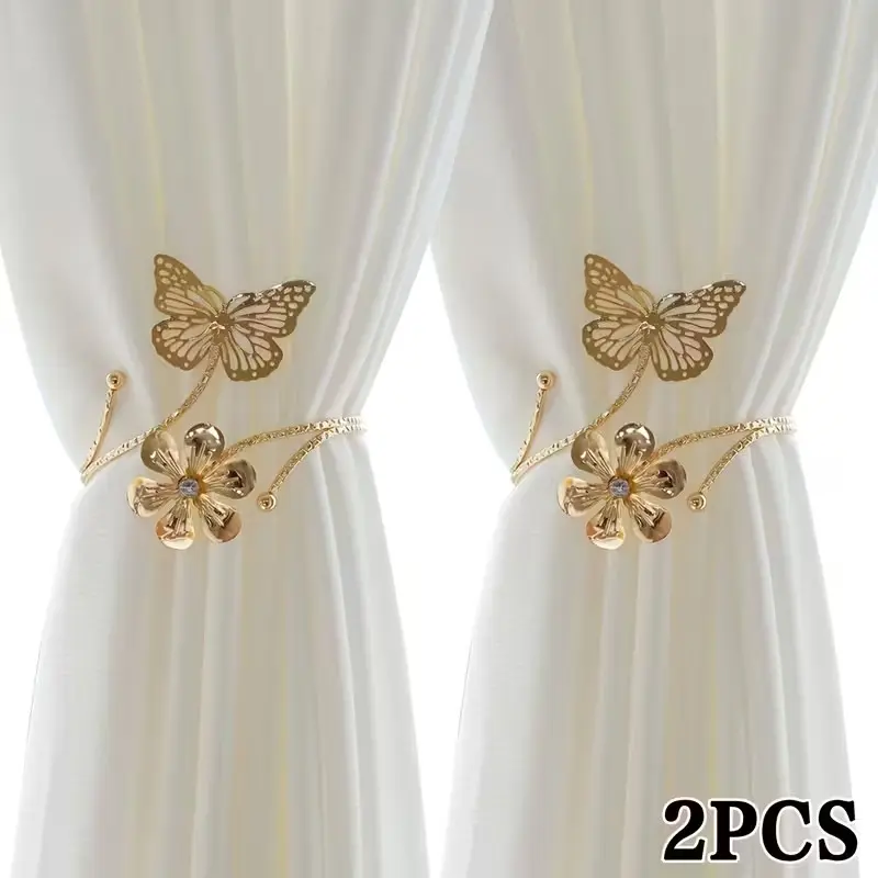 2pcs Silver Color Butterfly Flower Metal Curtain Tiebacks, Drill-Free Adjustable Window Decor Ropes, Elegant Decorative Home Accessories