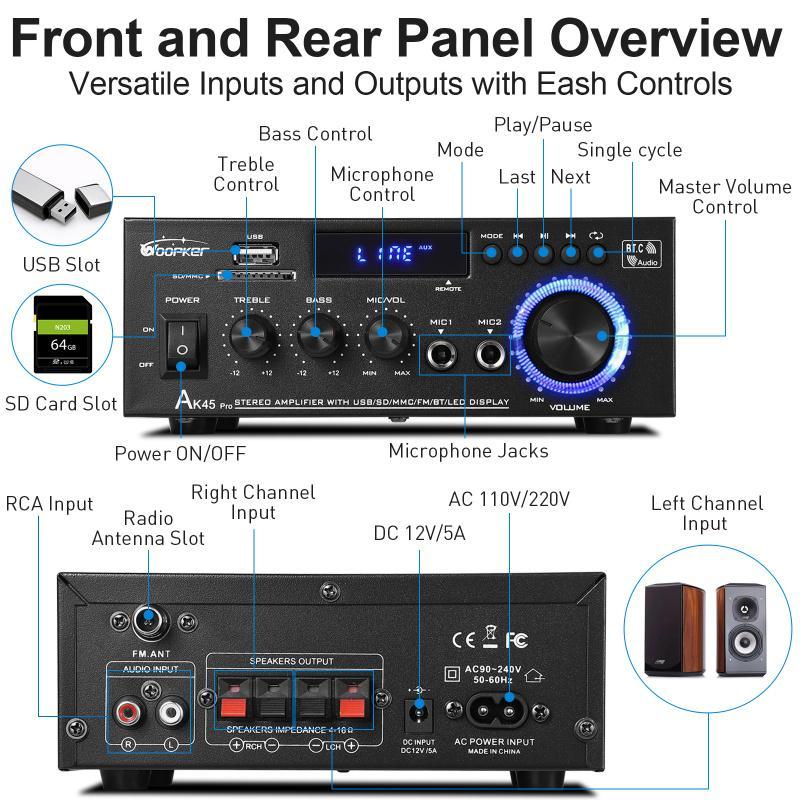 WOOPKER AK45 300W/AK45 Pro 400W Bluetooth 5.0 Stereo Amplifier HiFi 2.0 Channel Power Amp with USB SD RCA Dual Microphone Support for Karaoke Home Theater Party Audio Streaming  karaoke machine