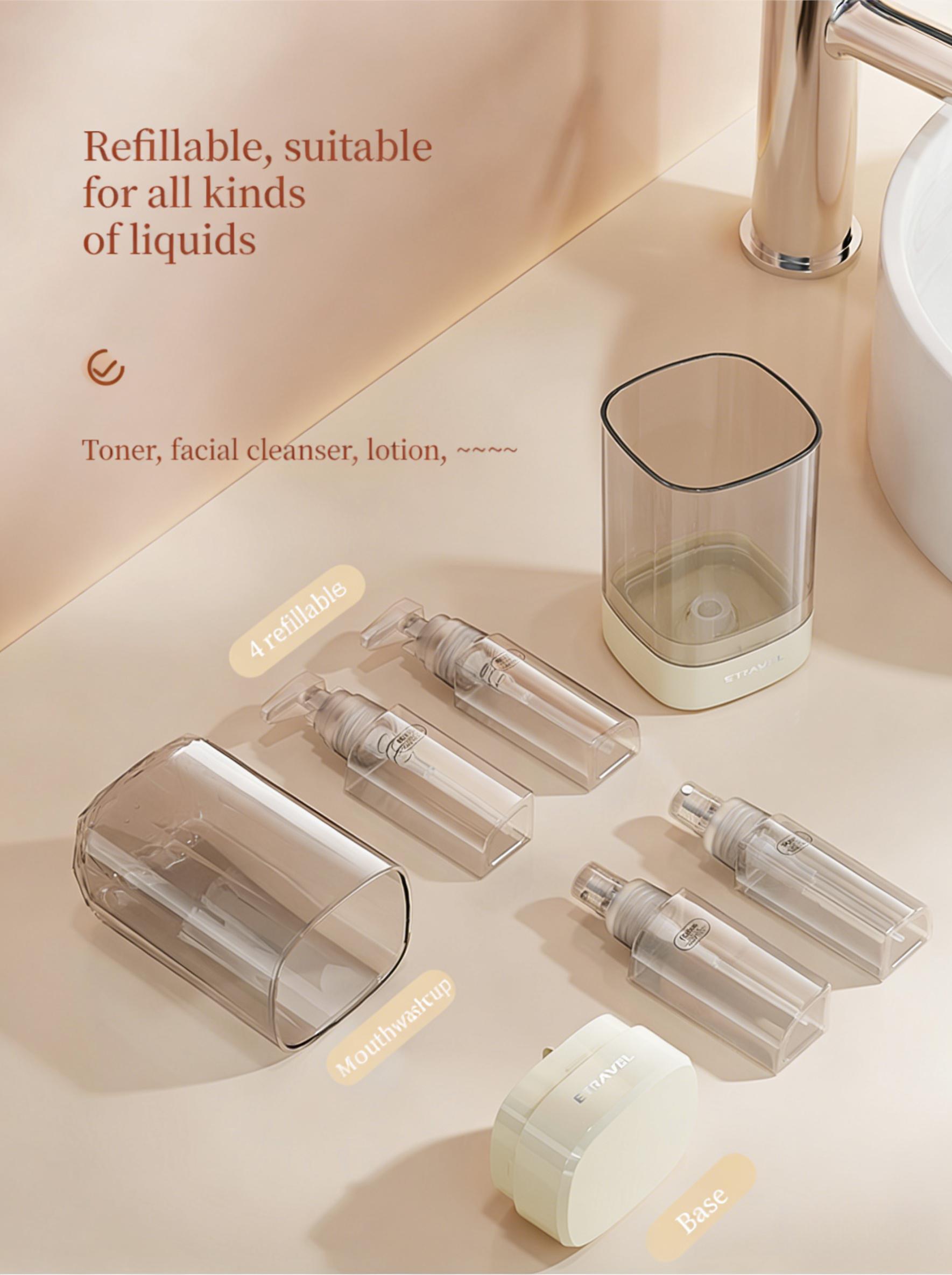 4-in-1 Travel Dispenser Bottle for Toiletries, Portable Cosmetic Shampoo Lotion Container, Lightweight Refillable Pump Bottle, Easy Press Smooth Flow, Luxury Travel Essentials