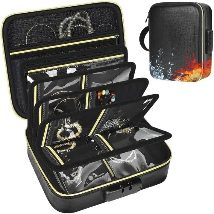 Fireproof Travel  Organizer Case with Lock & 6 Binder Pages | -Coated Fiberglass, -Reducing Layout,Clear Storage Book for Necklaces, Earrings, Rings & Bracelets-Bag Only