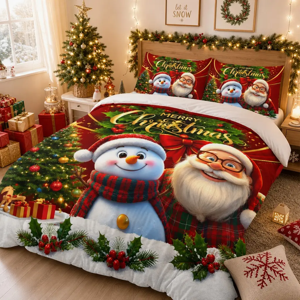 3-piece Santa Claus snowman photo-printed quilt cover set (1 quilt cover + 2 pillowcases, without core), soft and comfortable bedding, suitable for bedroom, dormitory, guest room and home decoration.