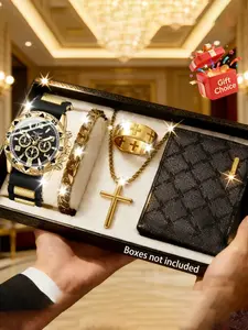 5pcs Men's Fashion Set, Quartz Watch, Cross Pendant Jewelry, Wallet Combo, Ideal Gift for Holidays, Daily Wear, Commute
