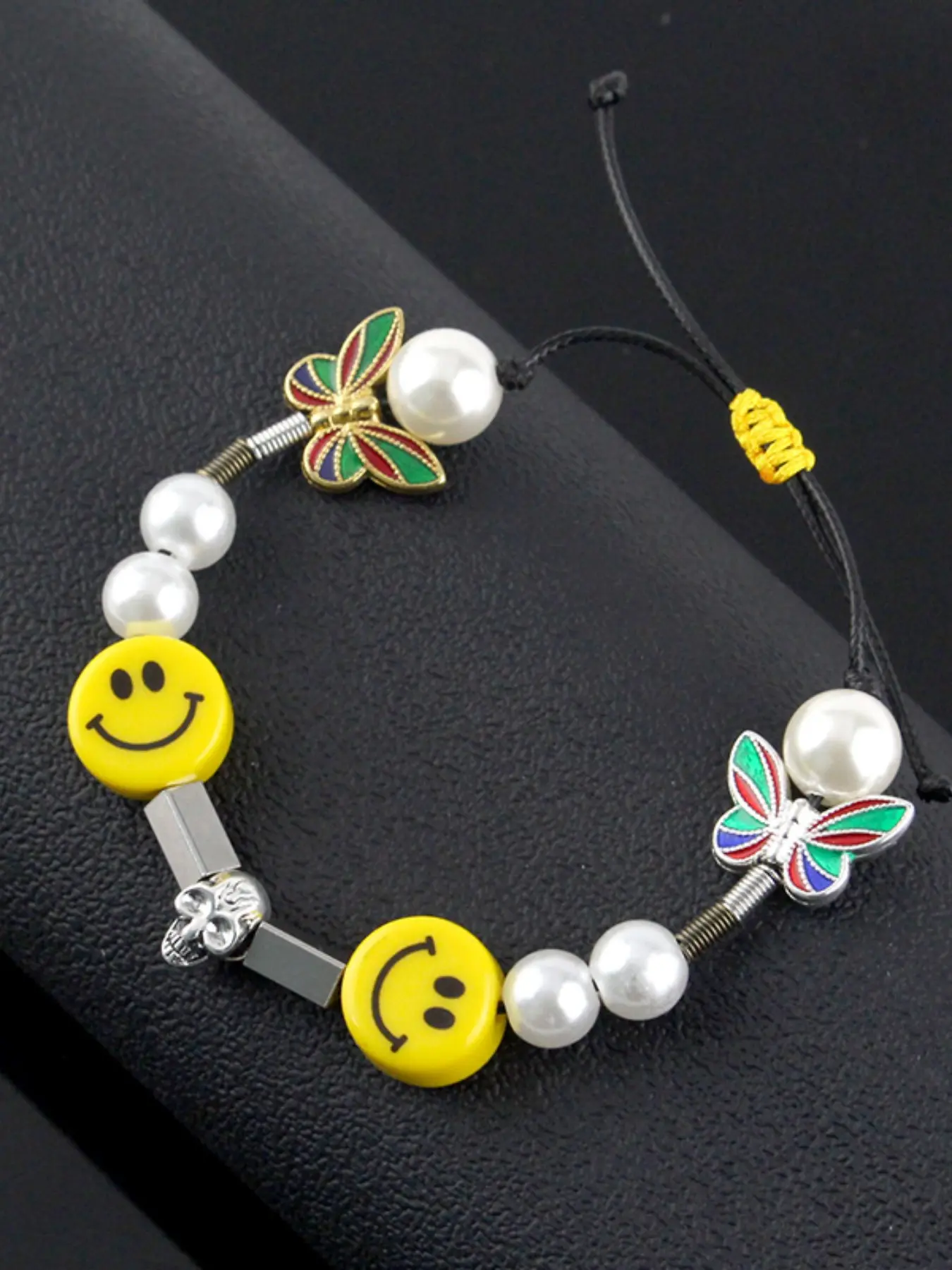 Vintage Colorblock Butterfly Smile Beaded Bracelet, Adjustable Wax Rope Pearl Skull Metal Accessory, Cute Cartoon Style Jewelry