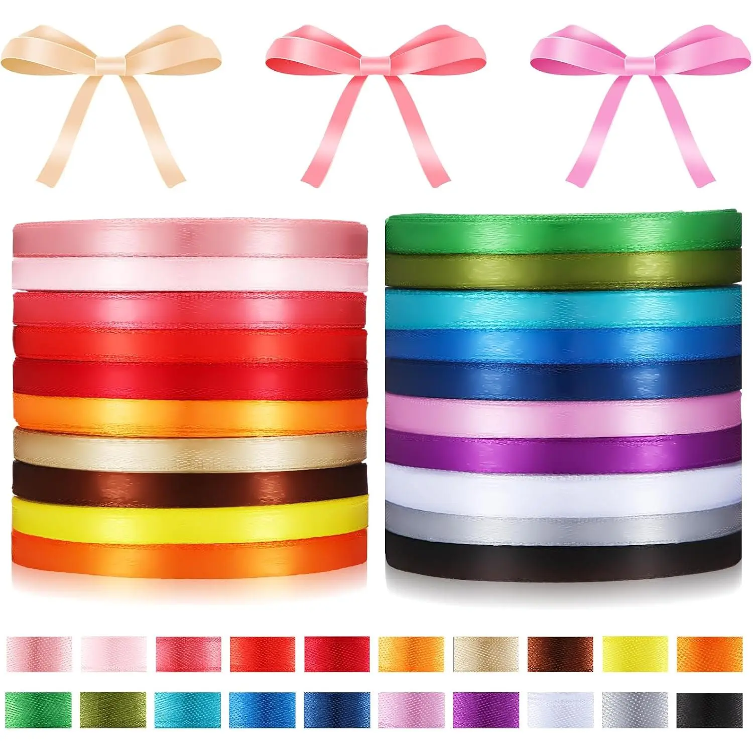 20 Rolls Rainbow Satin Ribbon Set,500 Yd Long, 1/4" Wide |  Ribbons for Crafts, Solid Color Ribbon for  Wrapping Bows,20 Colors,DIY Bouquet Wedding Shower Decor