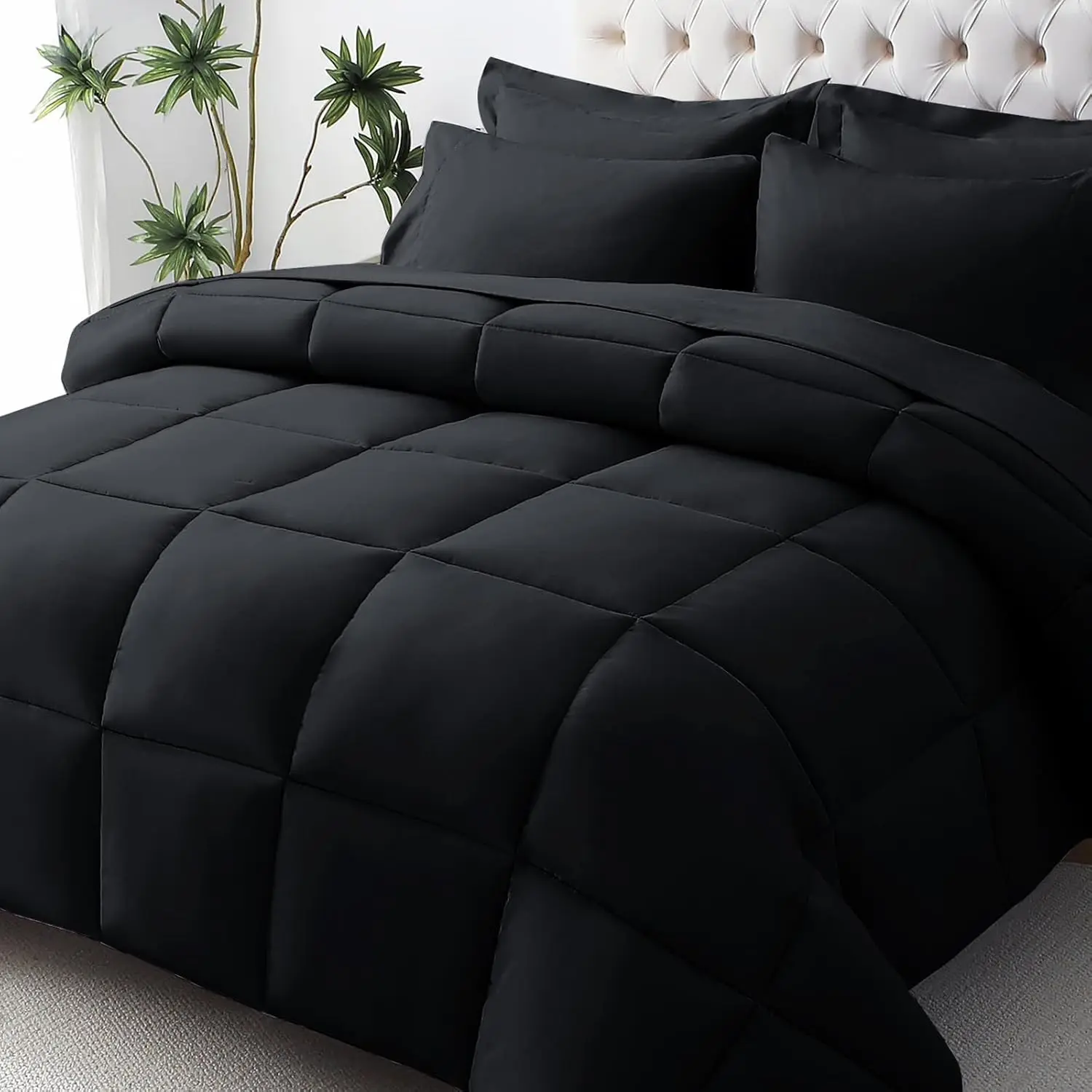 Queen Comforter Set,-Soft Bed in a Bag Queen Size 7 Pieces, Oeko-TEX Certified Bedding Set with Down Alternative Comforter, Sheets, Pillowcases & Shams, Black