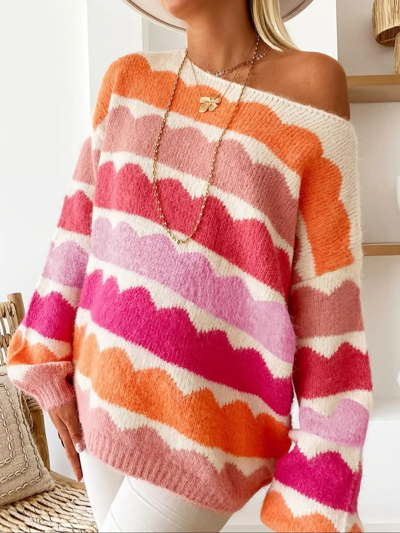 Women Off Shoulder Wavy Stripe Knit Sweater Drop Shoulder Long Sleeve Color Block Oversized Loose Casual Soft Fuzzy Knitted Pullover Top Knitwear