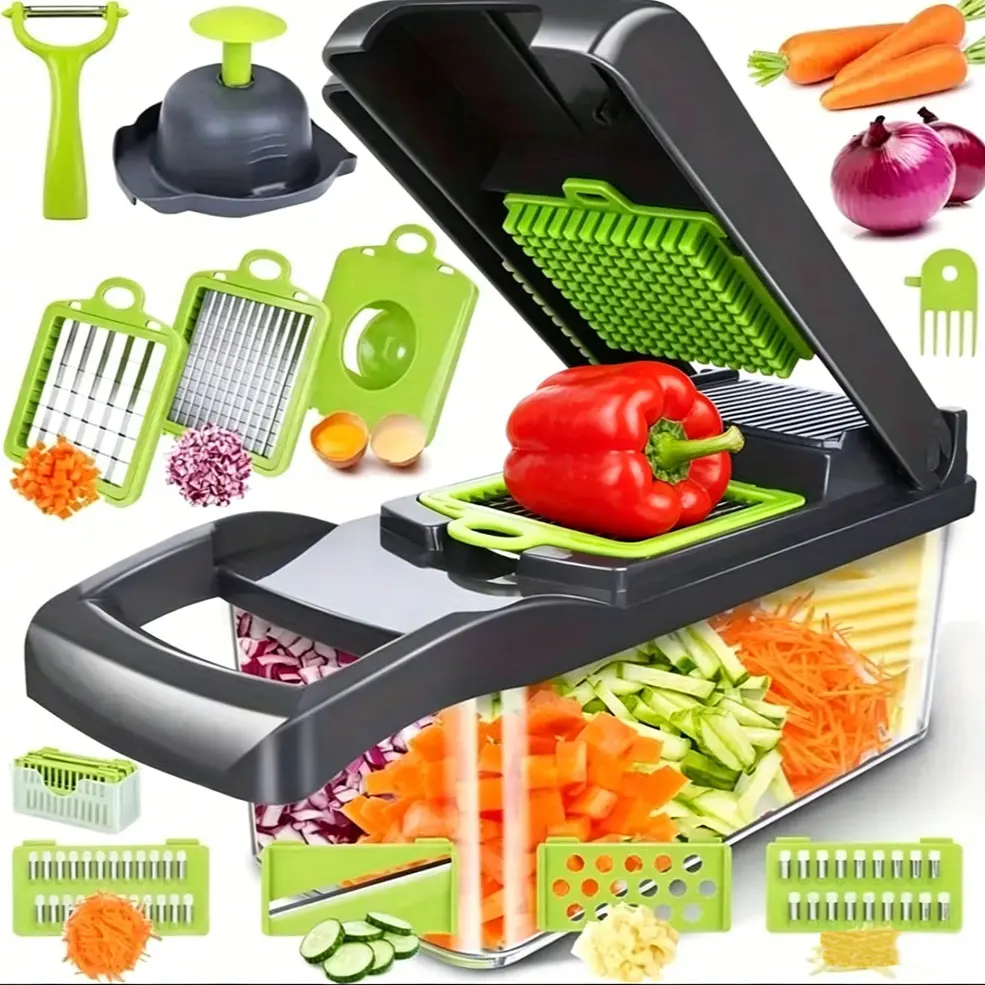 16-in-1 Kitchen Vegetable Cutter Chopper, Multifunctional Chopper Slicer, Duty Onion Chopper Dicer with Clear Storage Container, Multi Blade Mandoline Slicer Shredder Grater, Vegetable Fruit Cutting Tool, Egg Separator, Cooking Prep Accessory to Save Time