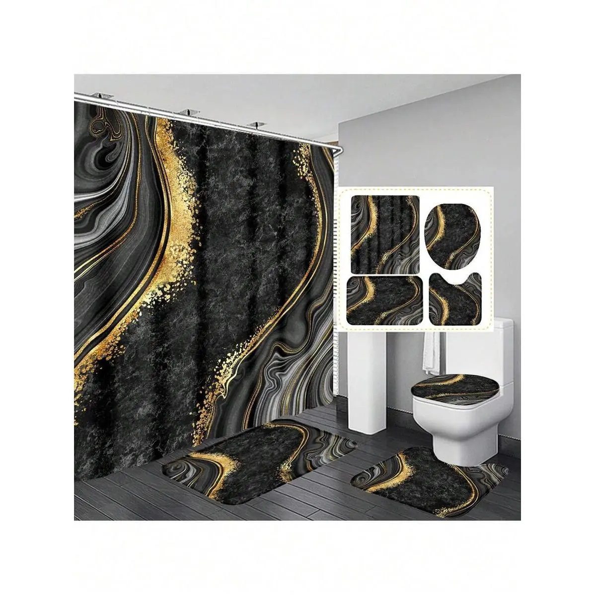 1pc/4pcs Gold Rimmed Black Marble Bathroom Curtain Set, Bathroom Rug, U-Shaped Toilet Lid, Waterproof Polyester, 71*71 Inches With 12 Hooks, Washable Bathroom Or Bathtub Decor Home Bathroom Decor Fall Decor Bathroom Accessories Back To School