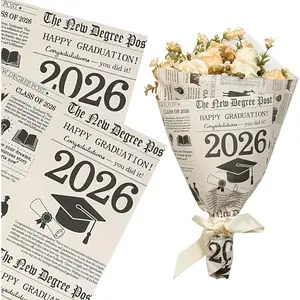 WRAPAHOLIC 10 Sheets Graduation Kraft Flower Wrapping Paper - 18 x 18 inch Vintage 2026 Graduation Newspaper Bouquet Wrapping Paper, Florist Supplies for Class of 2026, High School & College Gift