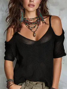 Women's Colorblock Knit Sweater, Knitwear, Casual Loose-Fitting Cut-Out Design, Summer Chic Fashion Short Sleeve Top, Elegant Sexy Beach Vacation Outerwear